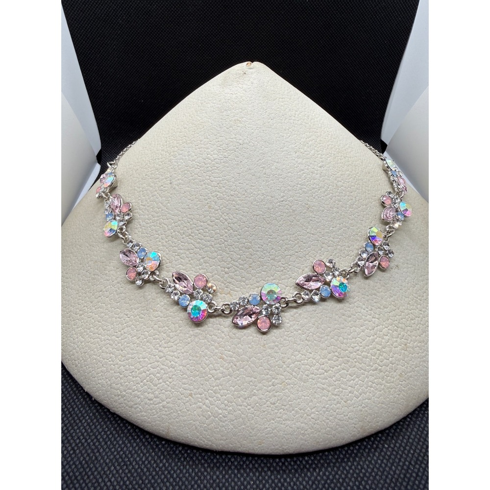 Pink AB Crystal Floral Statement Necklace Silver Tone Pastel Rhinestone 19in